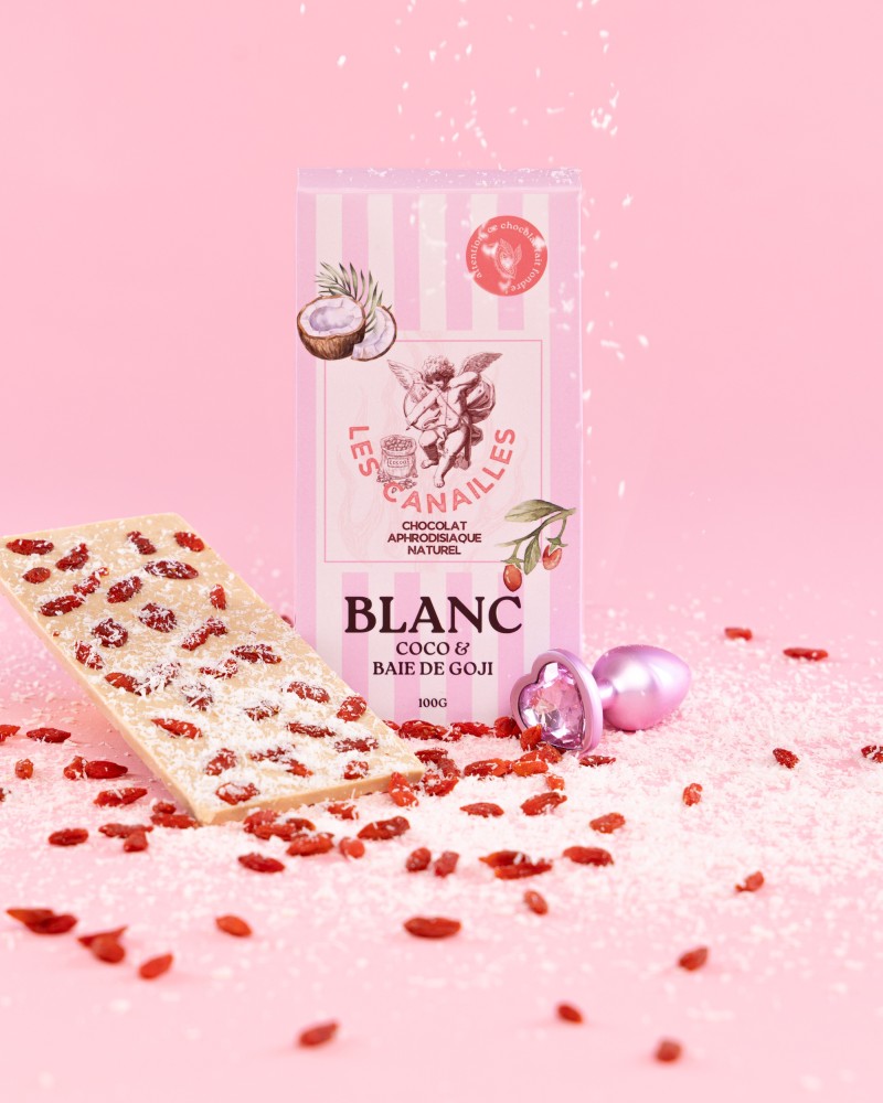 Tablette de Chocolat Aphrodisiaque Blanc Coco & Baie de Giji 100g sextoys et accessoires sur La Boutique du Hard