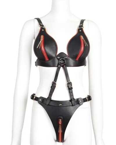 Ensemble Ouvert 2 Pièces Leathcrossed Noir et Rouge sextoys et accessoires sur La Boutique du Hard