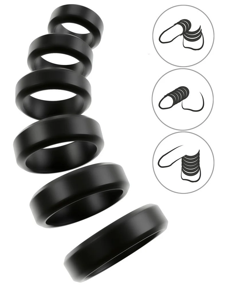 Lot de 6 Cockrings Cock & Ball 26 à 56 mm Noirs