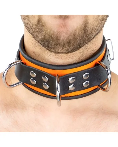 Collier en cuir 3 Anneaux D Orange-Noir pas cher