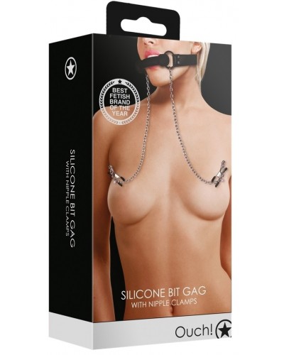 Bâillon avec Pinces Tétons Nipple Gag Noir sur la Boutique du Hard