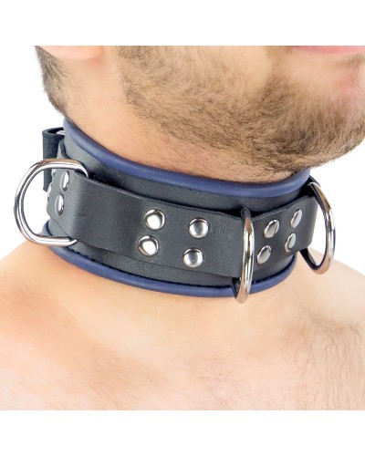 Collier en cuir - 3 anneaux D - Noir/Bleu sextoys et accessoires sur La Boutique du Hard