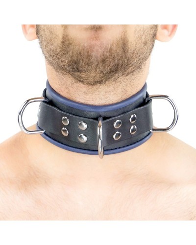 Collier en cuir - 3 anneaux D - Noir/Bleu sextoys et accessoires sur La Boutique du Hard